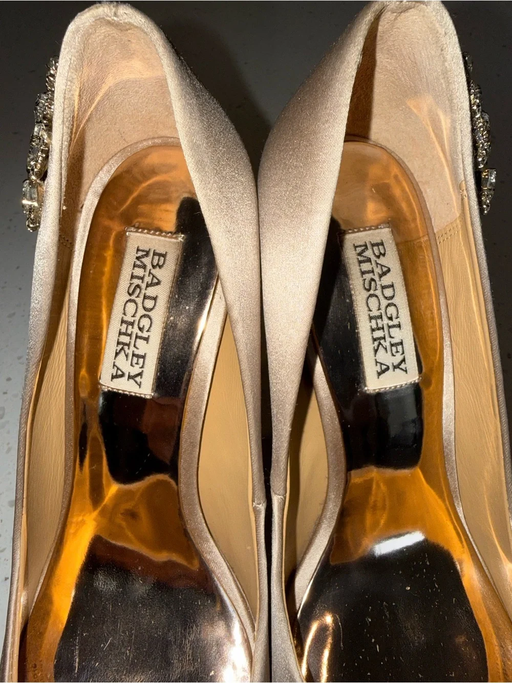 Badgley Mischka Rose Gold Satin Peep-Toe Heels with Crystal Brooches